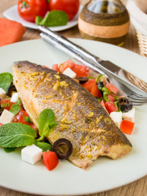 Baked Sea Bass with Greek Style Salad