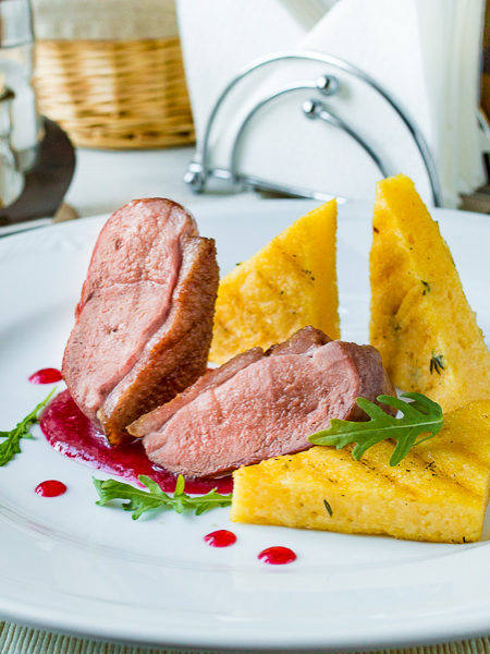 Duck Breast with Fried Polenta and Lingonberry Sauce