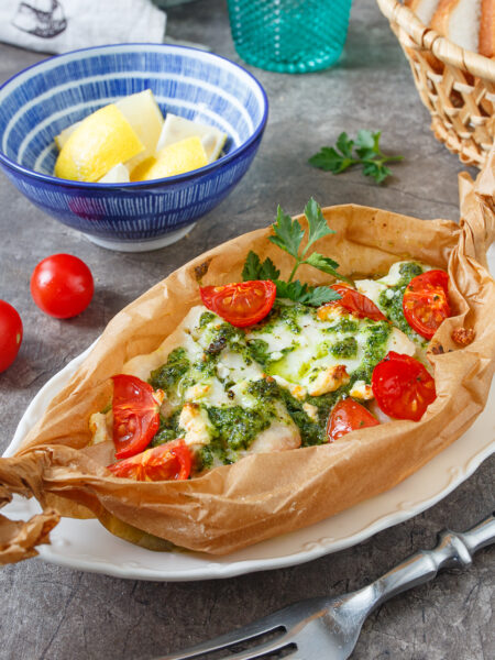 Baked rockfish with tomatoes and pesto