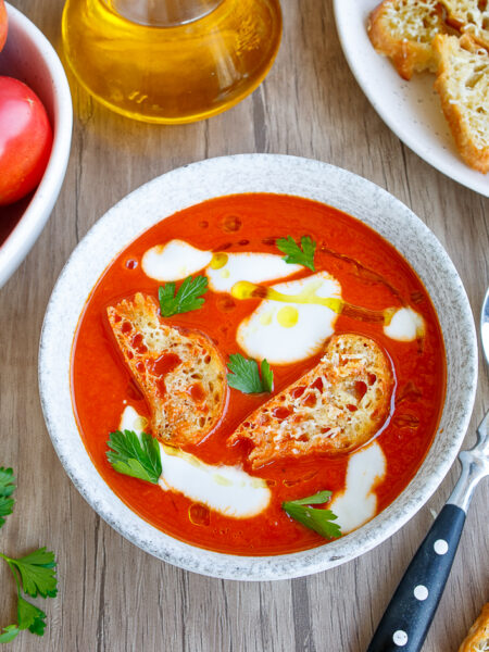 Purée Soup with Oven-Roasted Tomatoes and Bell Peppers